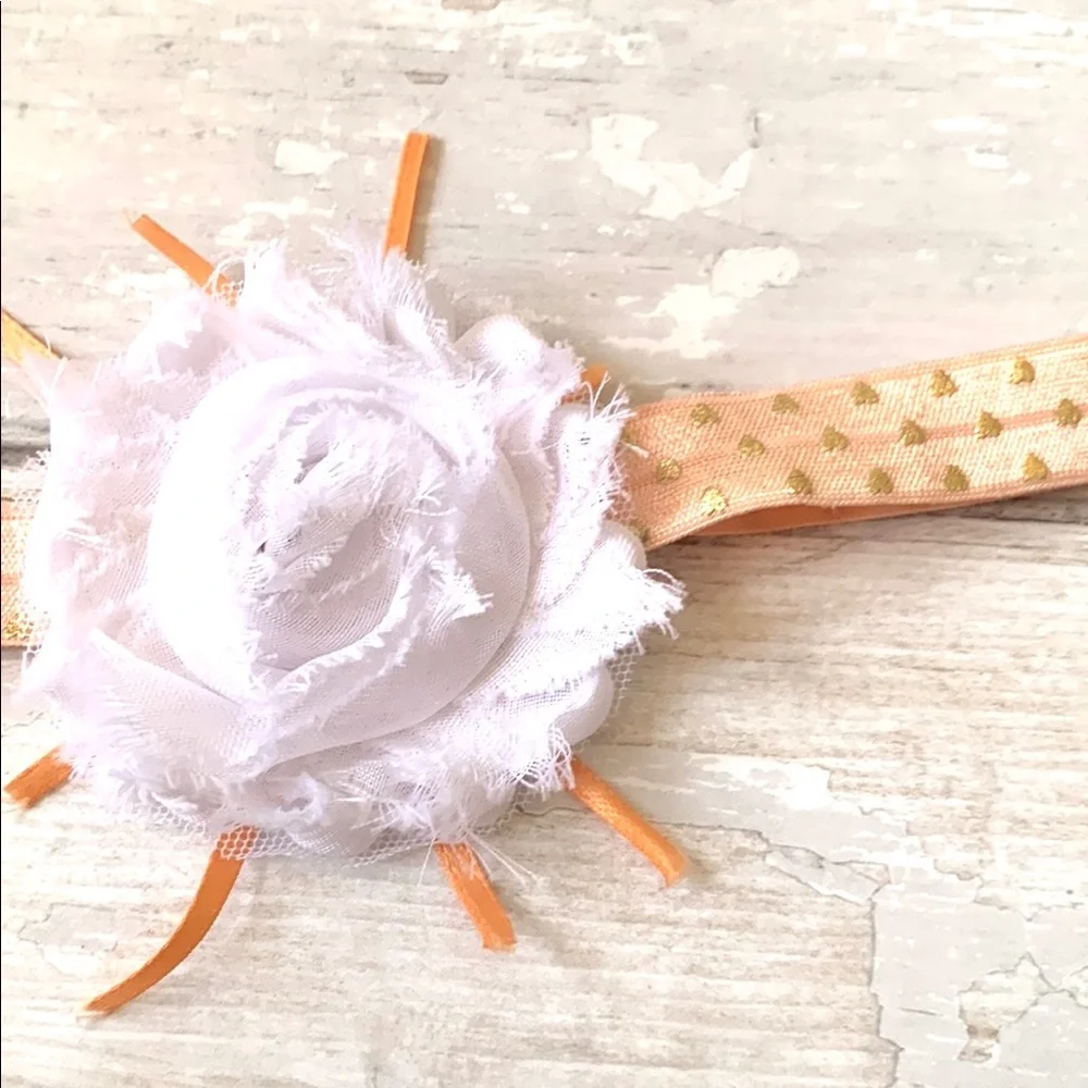 Baby Girl Headband Flower Bow Peach Gold Heart Print & Black Glitter Set of 2